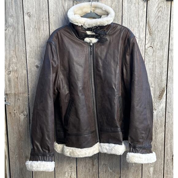 VTG St John’s Bay Brown Leather Pilot Jacket Faux Fur Lining Womens XL Bomber - Picture 6 of 10